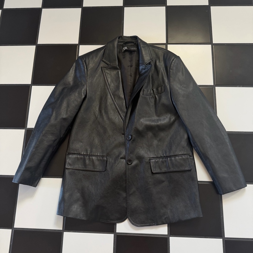 Zara Black Leather Blazer Jacket